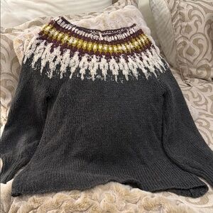 Free People-Charcoal Knit Sweater with Patterned Yoke